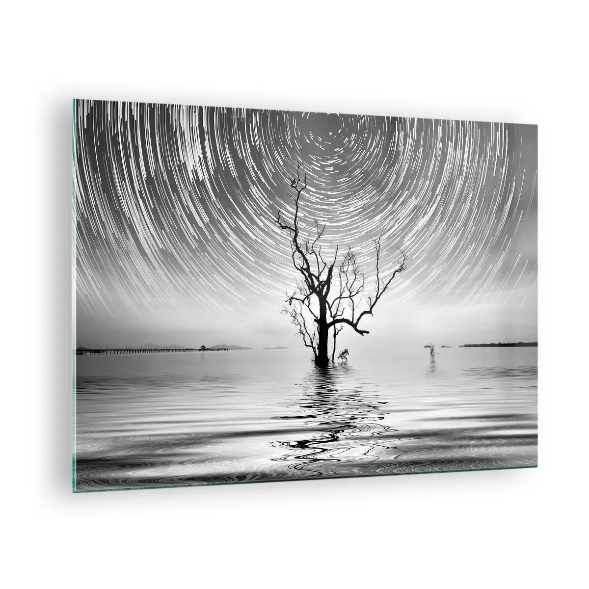 Glasbild - Bild auf glas - Schwarz-weiße Landschaft mit einem Baum und Sternenstreifen - 70x50cm - Eine Sinfonie der Natur - Moderne Wanddekoration für Wohnzimmer und Schlafzimmer ARTTOR