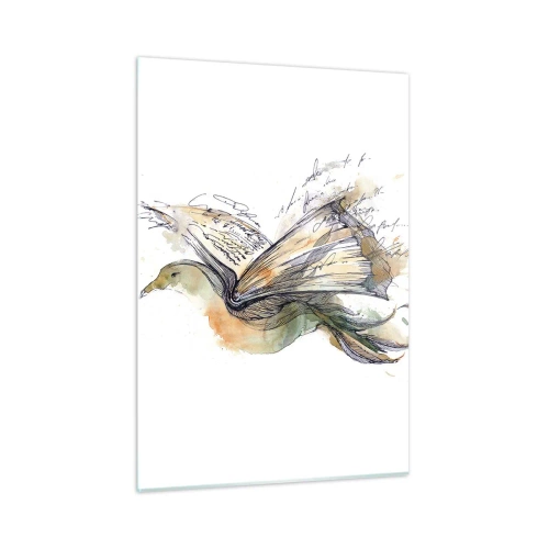 Glasbild - Bild auf glas - Ein Vogel aus einem aufgerollten Buch, eine künstlerische Metapher für Wissen - 50x70cm - Auf den Flügeln der Poesie - Moderne Wanddekoration für Wohnzimmer und Schlafzimmer ARTTOR
