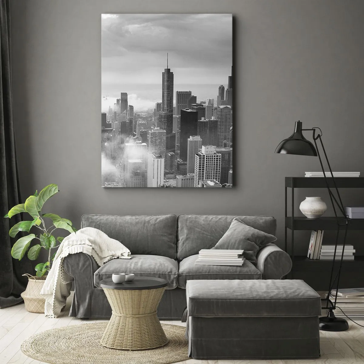 Bild auf Leinwand - Leinwandbild - Stadtpanorama mit Wolkenkratzern in den Wolken in Schwarzweiß - 50x70cm - Amerikanische Landschaft - Moderne Wanddekoration für Wohnzimmer und Schlafzimmer ARTTOR