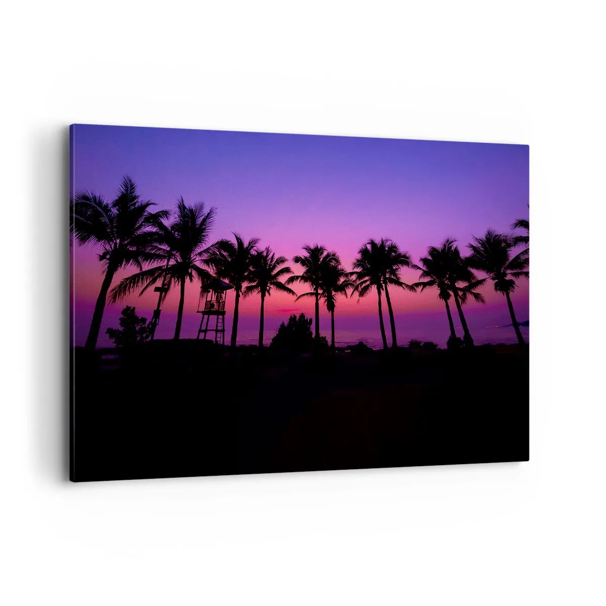 Bild auf Leinwand - Leinwandbild - Silhouetten von Palmen vor einem rosa-violetten Sonnenuntergangshimmel - 120x80cm - Abend unter Palmen - Moderne Wanddekoration für Wohnzimmer und Schlafzimmer ARTTOR