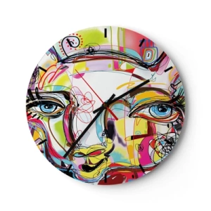 Wanduhr - Glasuhr - Farbenfrohes abstraktes Porträt mit ausdrucksstarken Augen - 30x30cm - Der Reichtum des Abiturs der Katze - Moderne Wanddekoration für Wohnzimmer, Küche und Schlafzimmer ARTTOR