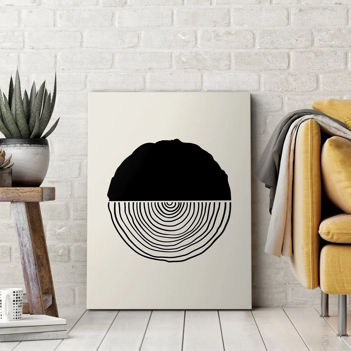 Bild auf Leinwand - Leinwandbild - Ein abstraktes Schwarz-Weiß-Motiv, inspiriert von einem Holzquerschnitt mit geometrischer Unterteilung. - 50x70cm - Halb und halb - Moderne Wanddekoration für Wohnzimmer und Schlafzimmer ARTTOR