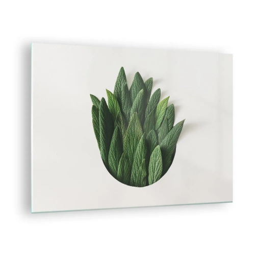 Glasbild - Bild auf glas - Grüne Blätter in Form einer Vase auf weißem Hintergrund angeordnet - 70x50cm - Ungebremste Neugier - Moderne Wanddekoration für Wohnzimmer und Schlafzimmer ARTTOR
