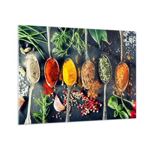 Glasbild - Bild auf glas - Bunte Gewürze in Löffeln, umgeben von frischen Kräutern und Gemüse - 70x50cm - Kulinarische Magie - Moderne Wanddekoration für Wohnzimmer und Schlafzimmer ARTTOR