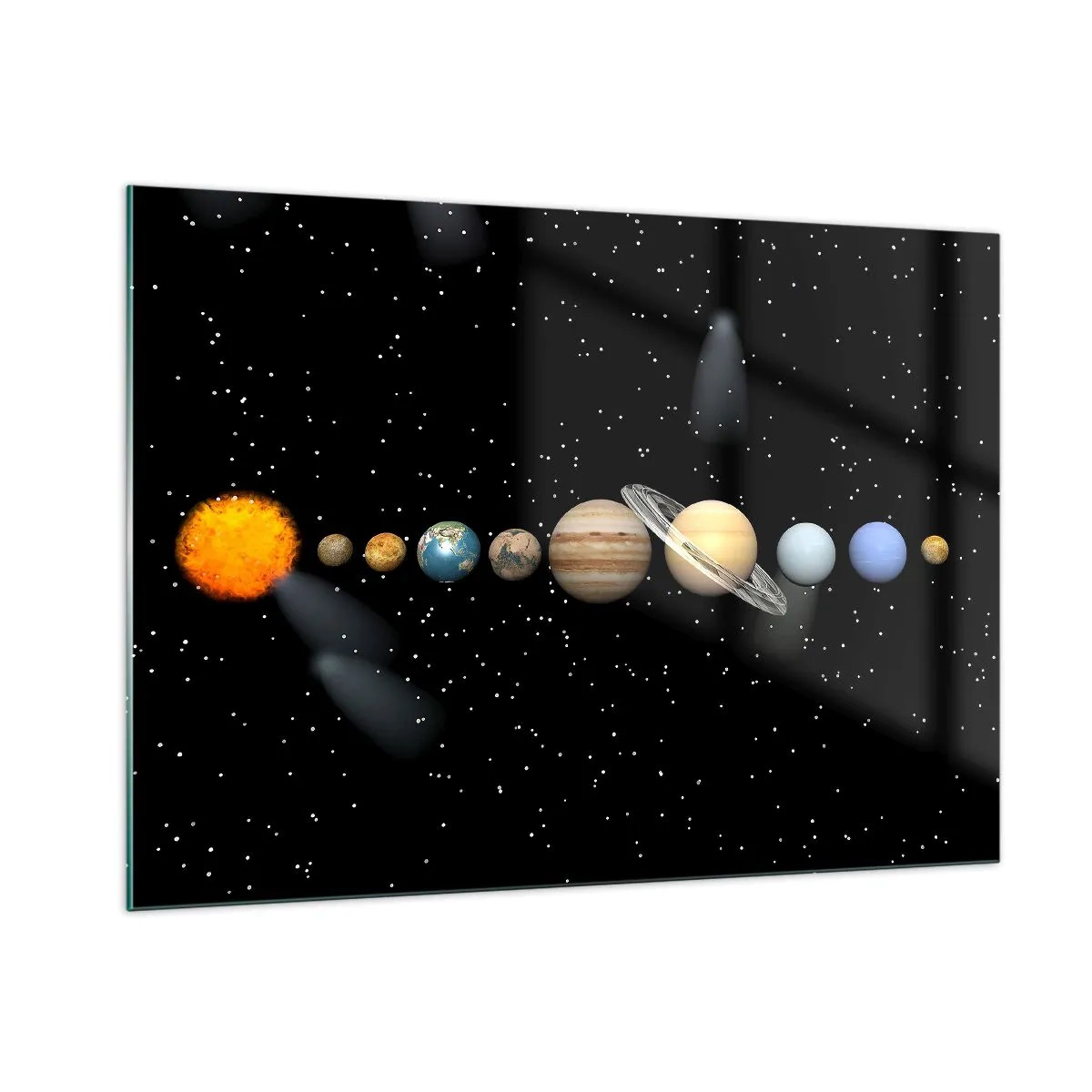 Glasbild - Bild auf glas - Das Sonnensystem vor dem Hintergrund der Sterne im Weltraum - 100x70cm - Und die Planeten werden verrückt und toben ... - Moderne Wanddekoration für Wohnzimmer und Schlafzimmer ARTTOR