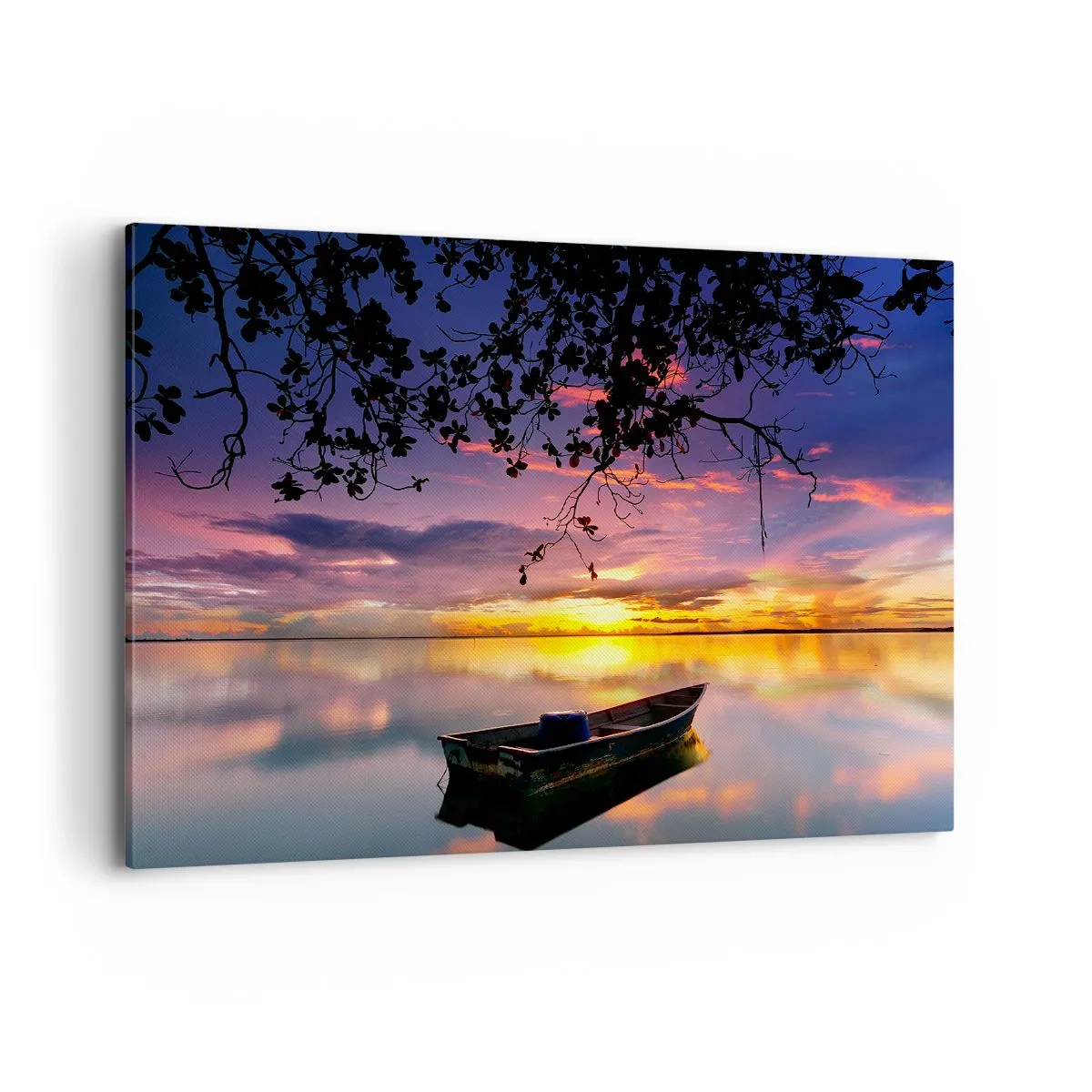 Bild auf Leinwand - Leinwandbild - Ein Boot auf ruhigem Wasser bei Sonnenuntergang - 100x70cm - Du scheinst mitten am Himmel zu hängen... - Moderne Wanddekoration für Wohnzimmer und Schlafzimmer ARTTOR