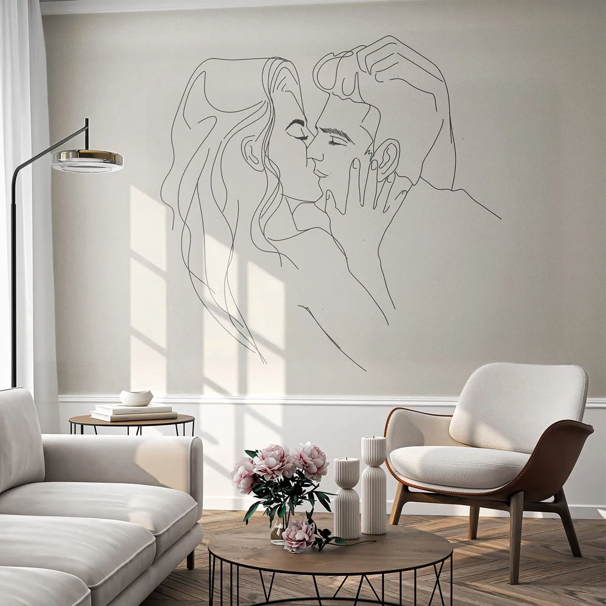 Fototapete Premium Canvas - Verstrickt im Gefühl - Grafik, Verliebtes Pärchen, Kuss - 300x210 cm