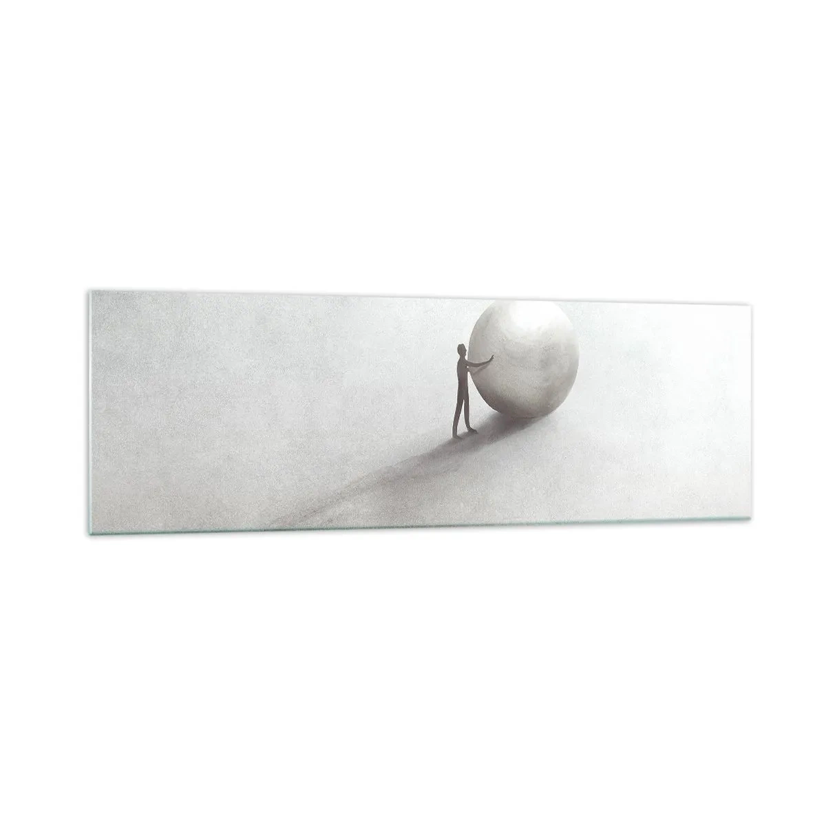 Glasbild - Bild auf glas - Eine minimalistische Figur mit einem Ball auf einem hellen, monochromen Hintergrund. - 160x50cm - Das Spiel des Lebens - Moderne Wanddekoration für Wohnzimmer und Schlafzimmer ARTTOR