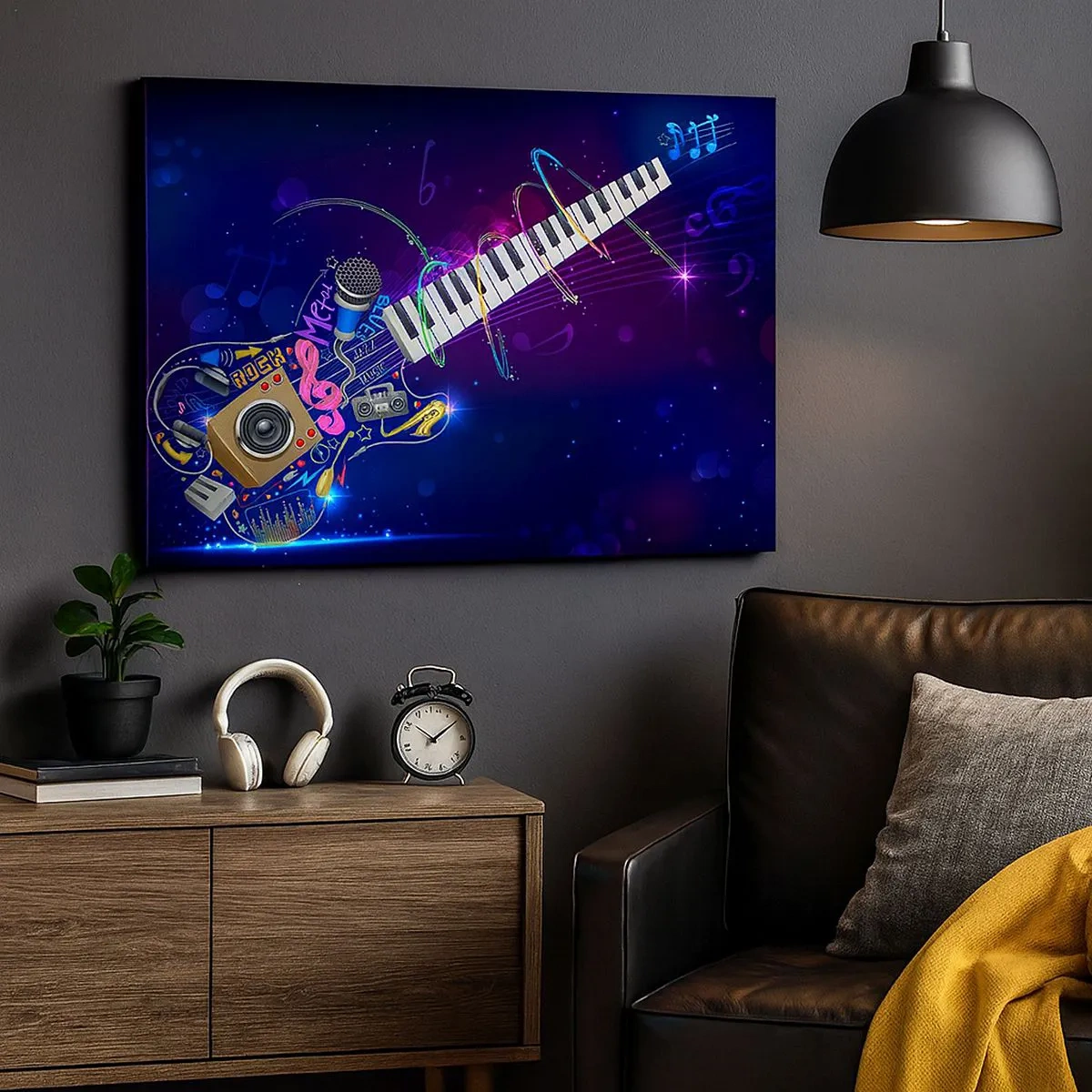 Bild auf Leinwand - Leinwandbild - Eine bunte Gitarre mit Keyboard und Mikrofon auf dunklem Hintergrund. - 70x50cm - Und alles ist gut - Moderne Wanddekoration für Wohnzimmer und Schlafzimmer ARTTOR