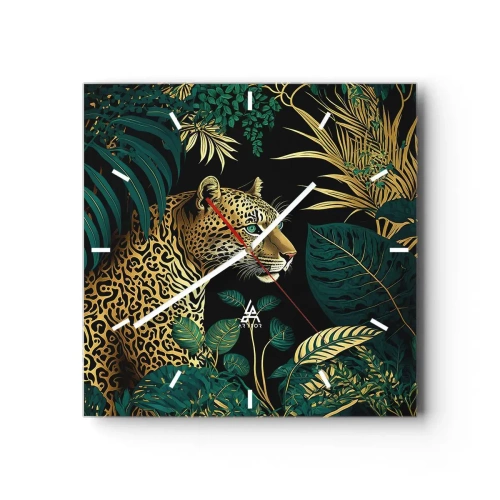 Wanduhr - Glasuhr - Leopard in tropischen Blättern auf schwarzem Hintergrund - 30x30cm - Gastgeber im Dschungel - Moderne Wanddekoration für Wohnzimmer und Schlafzimmer ARTTOR