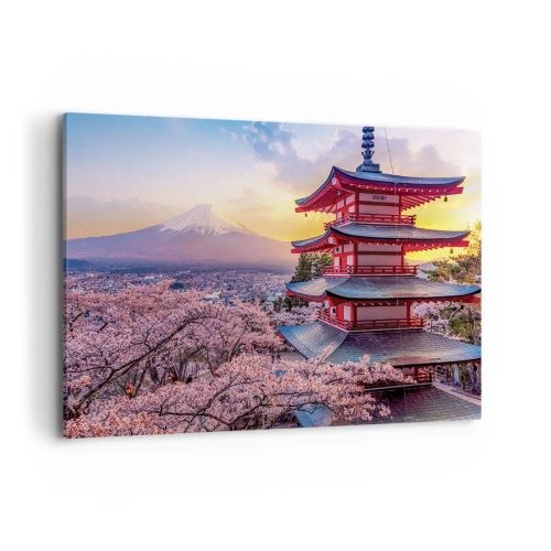 Bild auf Leinwand - Leinwandbild - Eine Pagode in Japan mit Kirschblüten und dem Berg Fuji - 100x70cm - Die Essenz des japanischen Geistes - Moderne Wanddekoration für Wohnzimmer und Schlafzimmer ARTTOR