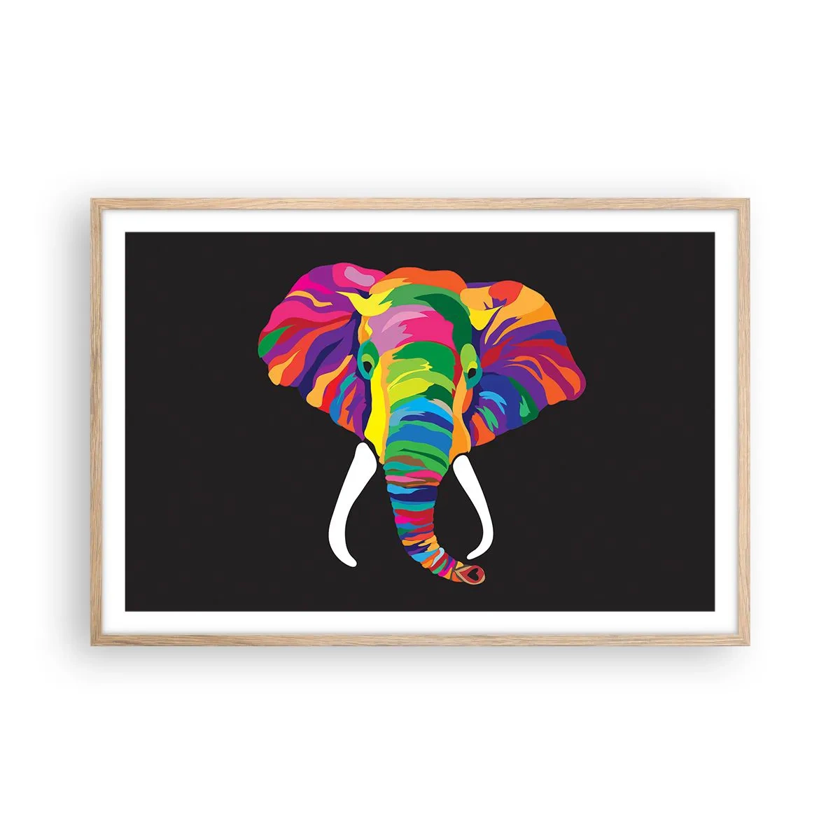 Poster in einem Rahmen aus heller Eiche - Der Elefant, der es liebte, im Regenbogen zu baden - 91x61 cm