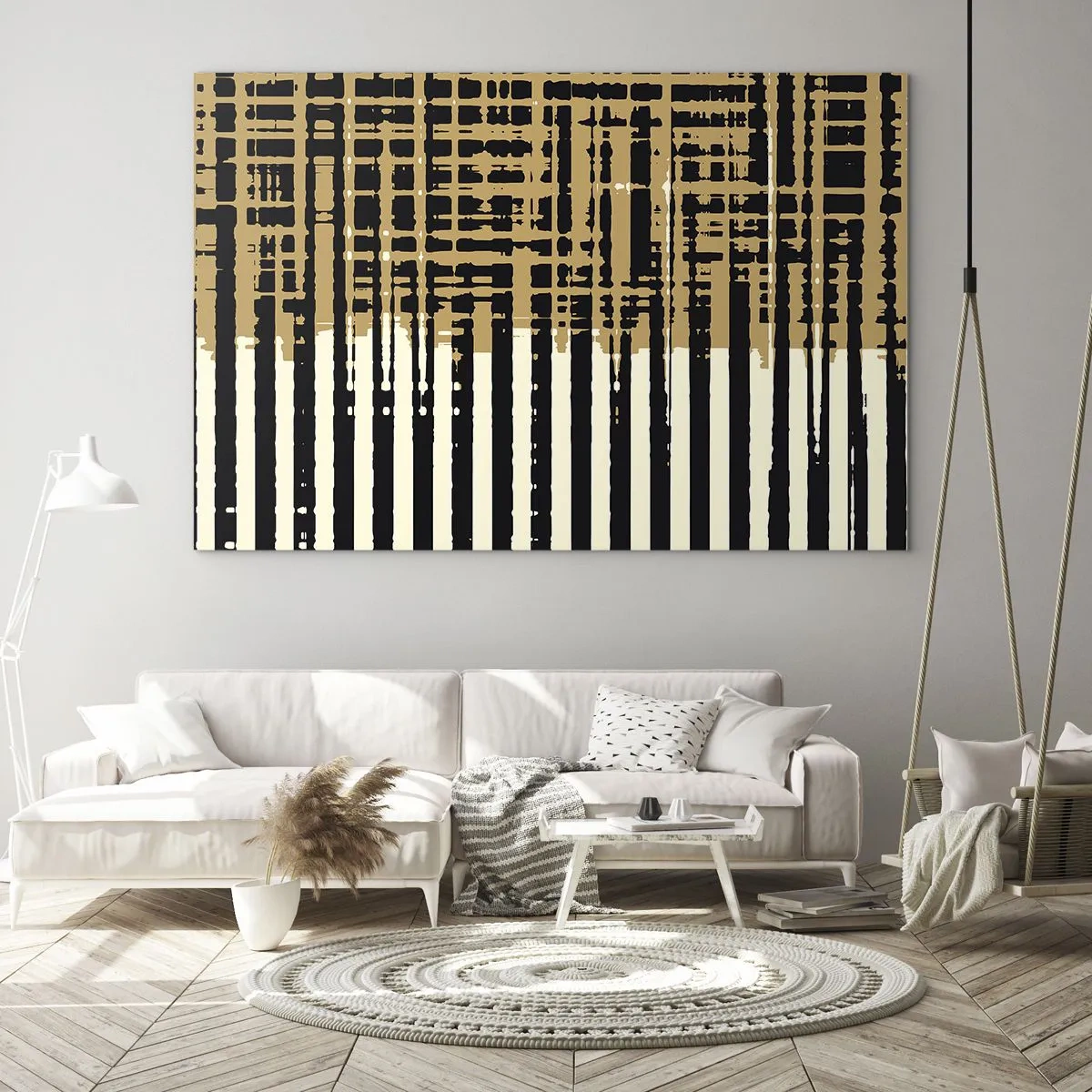 Glasbild - Bild auf glas - Geometrische Streifen und Linien in Schwarz- und Goldtönen - 70x50cm - Architektonische Abstraktion - Moderne Wanddekoration für Wohnzimmer und Schlafzimmer ARTTOR