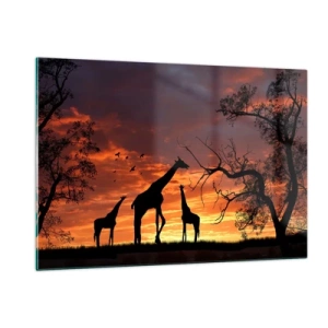 Glasbild - Bild auf glas - Silhouetten von Giraffen vor dem Hintergrund eines Sonnenuntergangs in einer afrikanischen Landschaft - 120x80cm - Ein kleines Abendessen mit deinen Liebsten - Moderne Wanddekoration für Wohnzimmer und Schlafzimmer ARTTOR