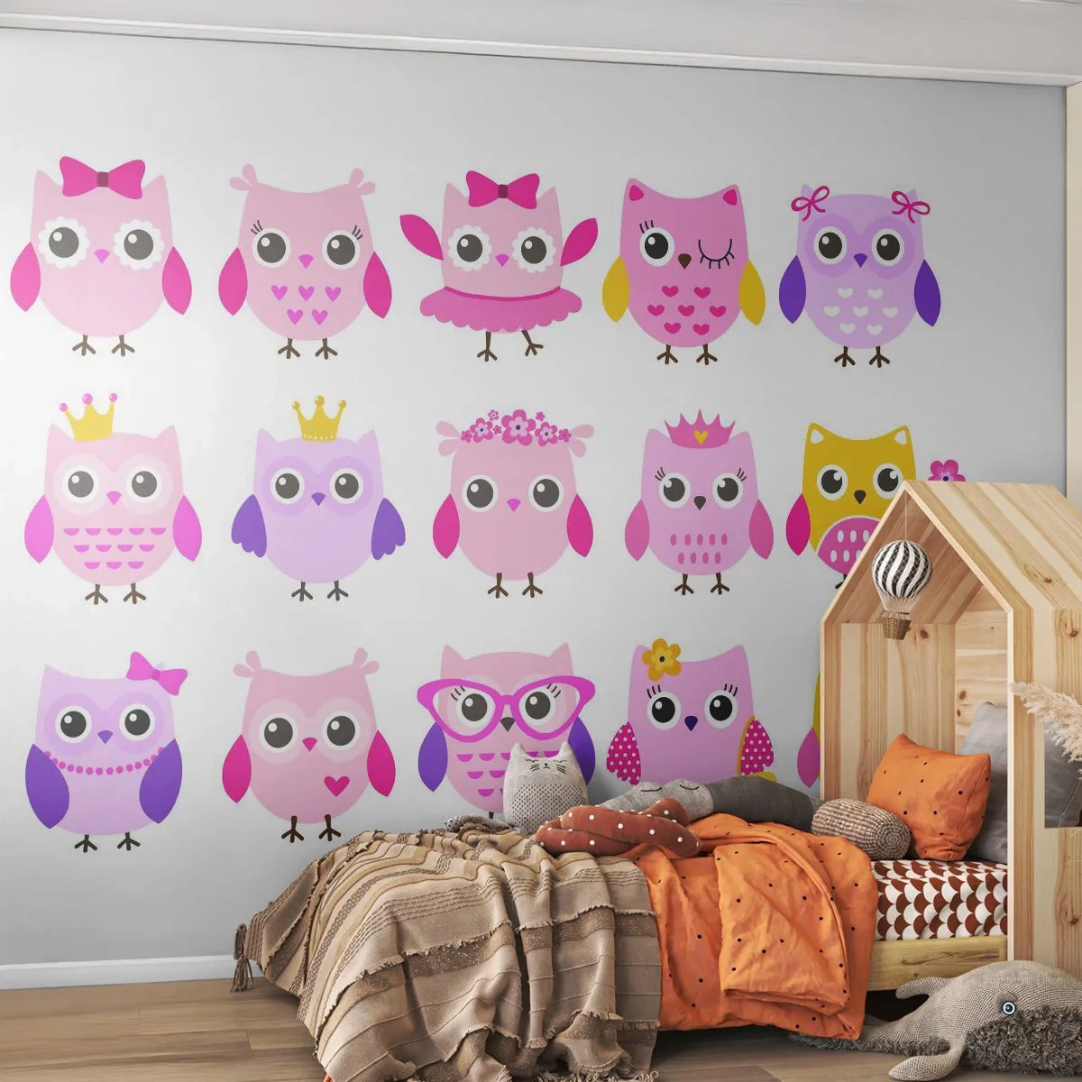 Fototapete Premium Sand - Bunte, bezaubernde Eulen im Märchenstil - 100x70cm - Einer ist süßer als der andere - Moderne Wanddekoration für Wohnzimmer und Schlafzimmer ARTTOR
