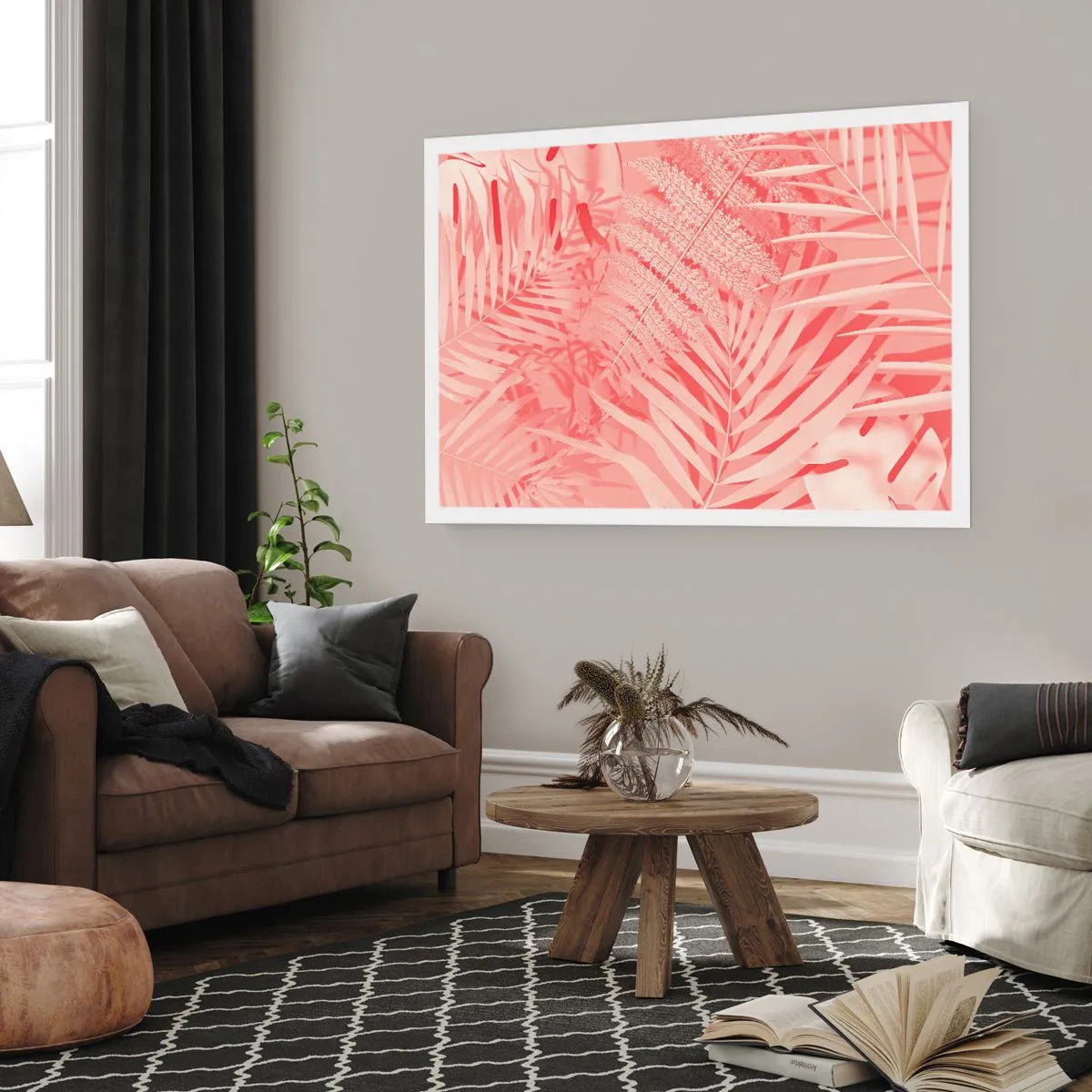 Poster - Rosa tropische Blätter in einem zarten und minimalistischen Stil - 100x70cm - Rosa Konzept - Moderne Wanddekoration für Wohnzimmer und Schlafzimmer ARTTOR