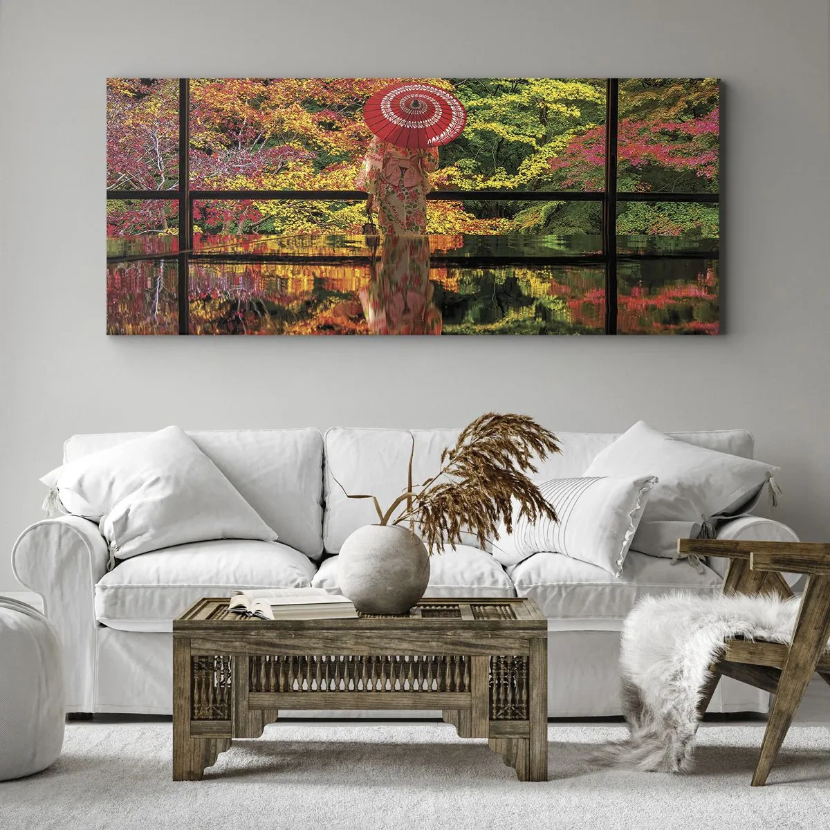 Bild auf Leinwand - Leinwandbild - Eine Frau im Kimono mit Regenschirm vor dem Hintergrund einer Herbstlandschaft. - 120x50cm - Im Tempel der Natur - Moderne Wanddekoration für Wohnzimmer und Schlafzimmer ARTTOR