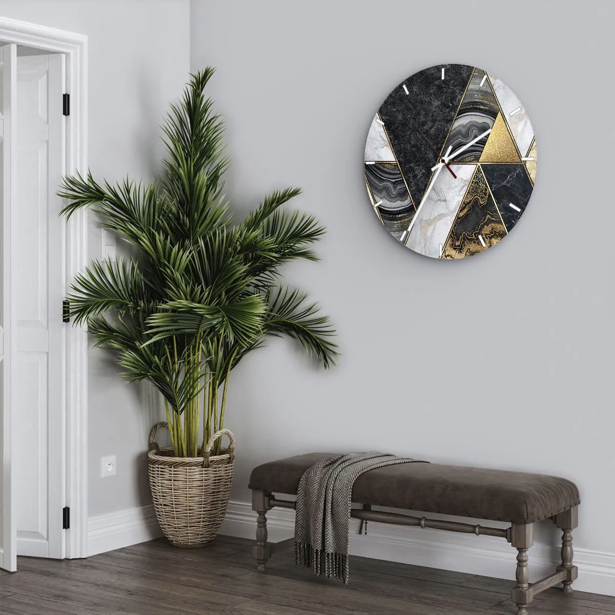 Wanduhr - Glasuhr - Gold- und Marmordreiecke in einem geometrischen Mosaik - 30x30cm - Stein um Stein - Moderne Wanddekoration für Wohnzimmer, Küche und Schlafzimmer ARTTOR