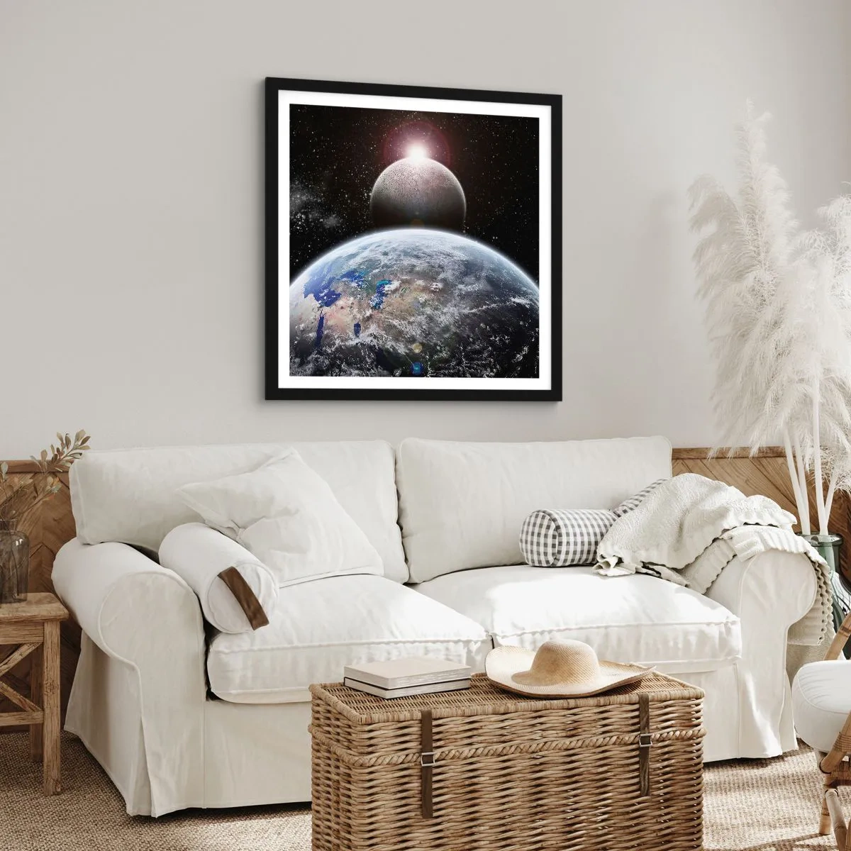 Poster in einem schwarzem Rahmen - Weltraumlandschaft - Sonnenaufgang - 30x30 cm