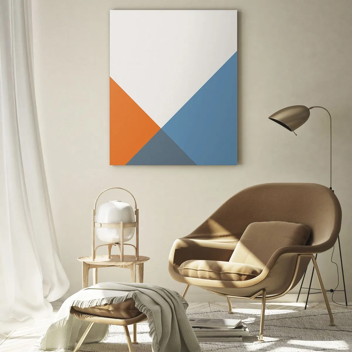 Glasbild - Bild auf glas - Geometrische Dreiecke in Blau- und Orangetönen - 80x120cm - In einem Winkel… - Moderne Wanddekoration für Wohnzimmer und Schlafzimmer ARTTOR