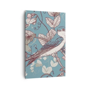 Bild auf Leinwand - Leinwandbild - Ein Vogel auf einem Ast in einem zarten Blumenstil - 80x120cm - Im Weißholz von Rot und Silber - Moderne Wanddekoration für Wohnzimmer und Schlafzimmer ARTTOR