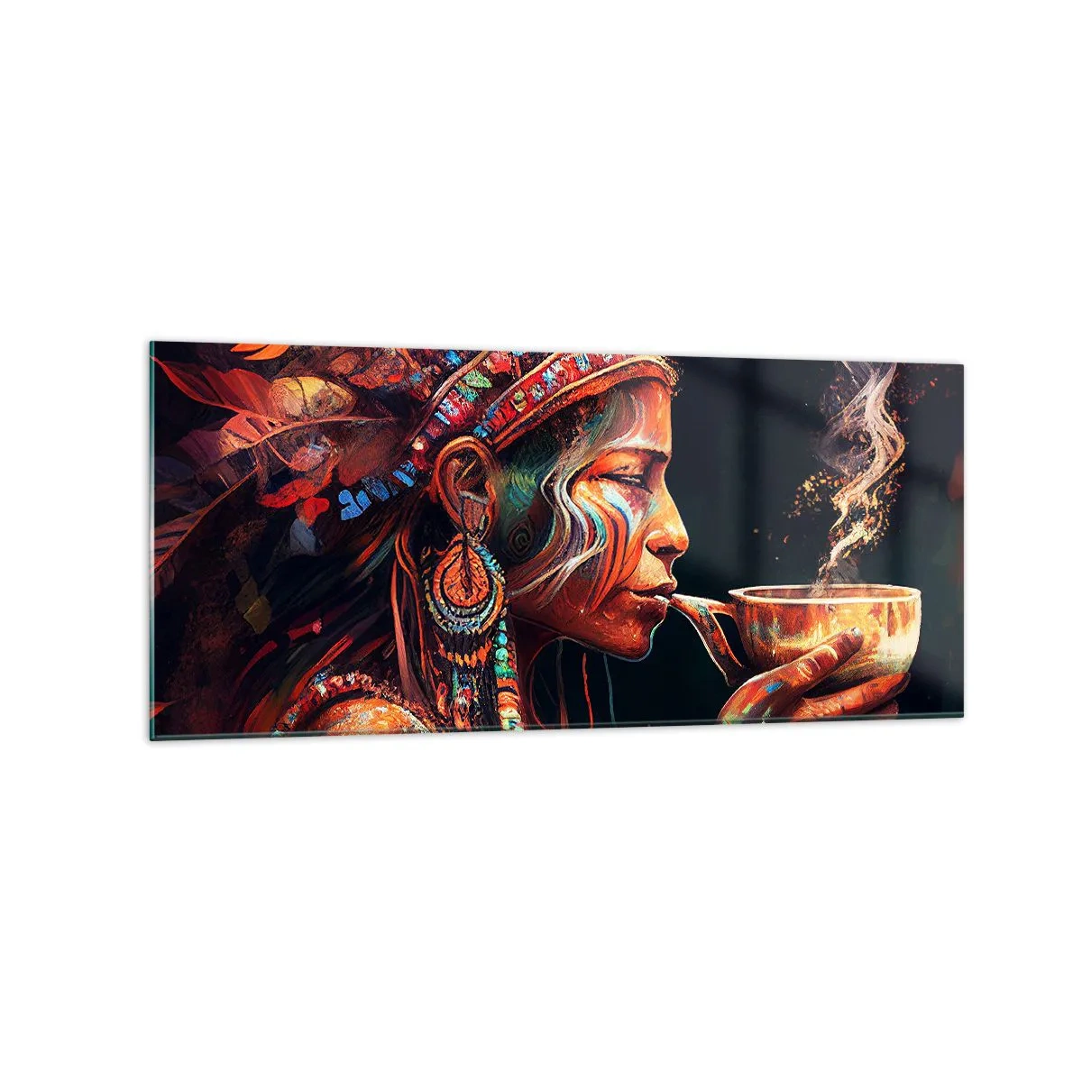 Glasbild - Bild auf glas - Eine farbenfrohe Figur im Ethno-Stil mit einer Tasse dampfenden Getränks - 120x50cm - Magisches Ritual - Moderne Wanddekoration für Wohnzimmer und Schlafzimmer ARTTOR
