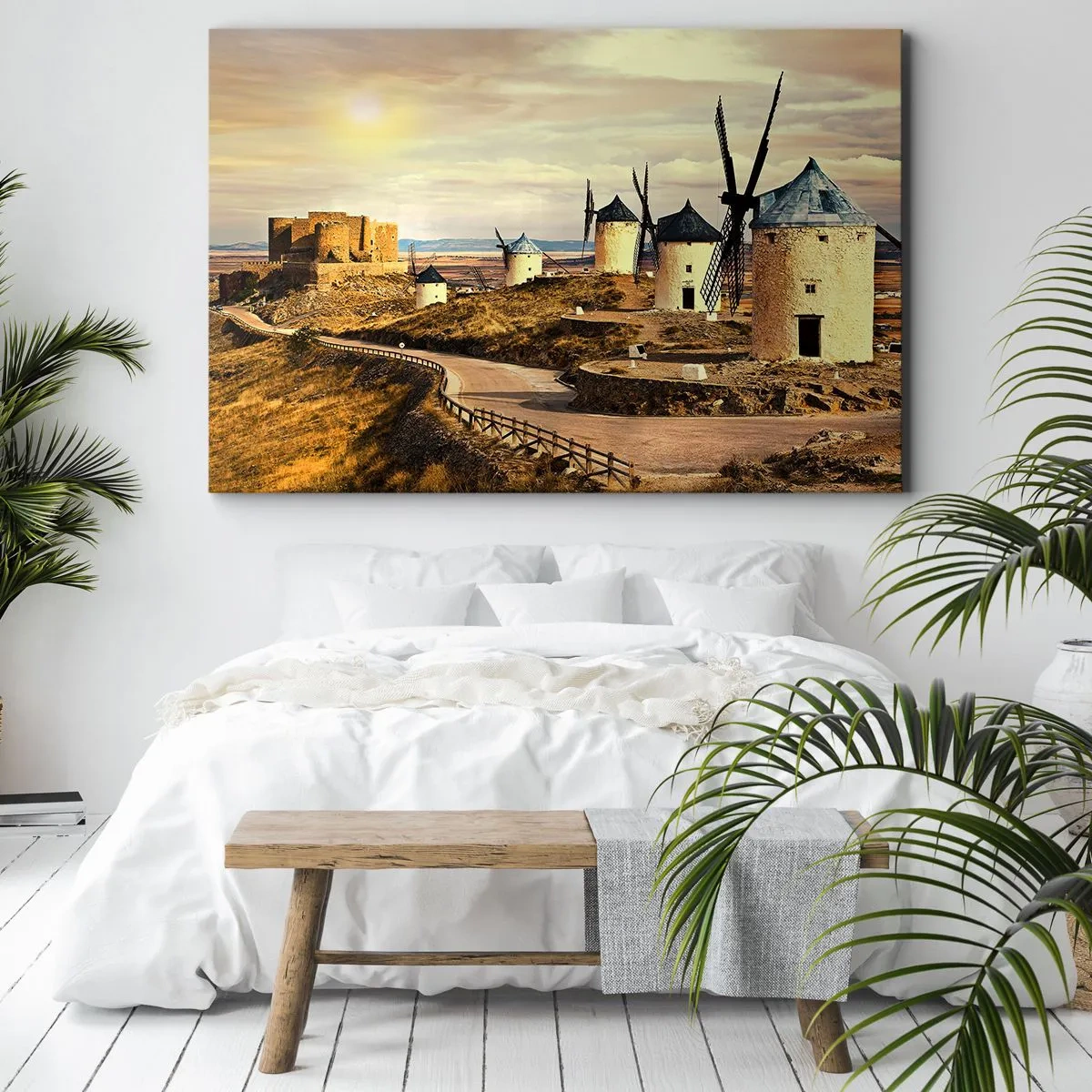 Bild auf Leinwand - Leinwandbild - Windmühlen auf den Hügeln mit einer historischen Burg im Hintergrund - 120x80cm - Don Quijote kommt gleich - Moderne Wanddekoration für Wohnzimmer und Schlafzimmer ARTTOR