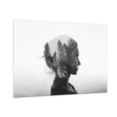Glasbild - Bild auf glas - Eine Frau in Schwarz-Weiß mit einem darüber gelegten Nadelwaldmotiv - 100x70cm - Dame des Kiefernwaldes - Moderne Wanddekoration für Wohnzimmer und Schlafzimmer ARTTOR