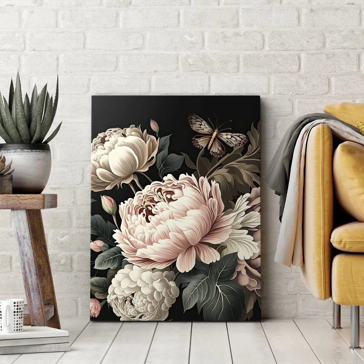 Bild auf Leinwand - Leinwandbild - Ein Strauß rosa Blumen und Schmetterlinge auf schwarzem Hintergrund - 50x70cm - Im Barockstil - Moderne Wanddekoration für Wohnzimmer und Schlafzimmer ARTTOR