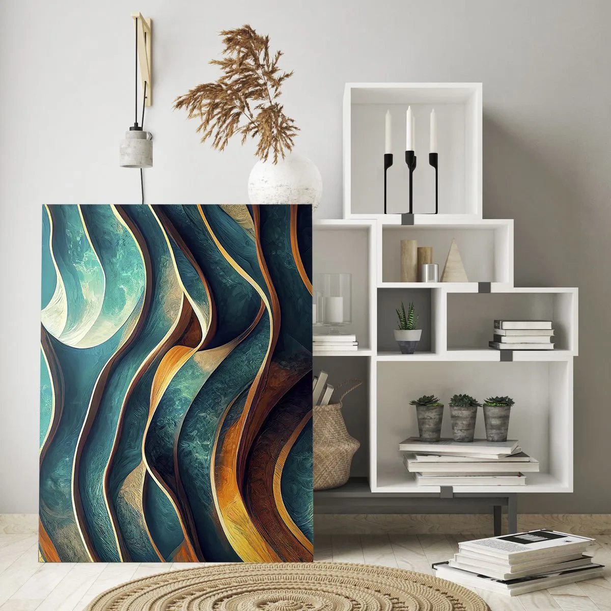 Glasbild - Bild auf glas - Abstrakte Wellen in Türkis- und Goldtönen - 80x120cm - Blaue Mäander - Moderne Wanddekoration für Wohnzimmer und Schlafzimmer ARTTOR