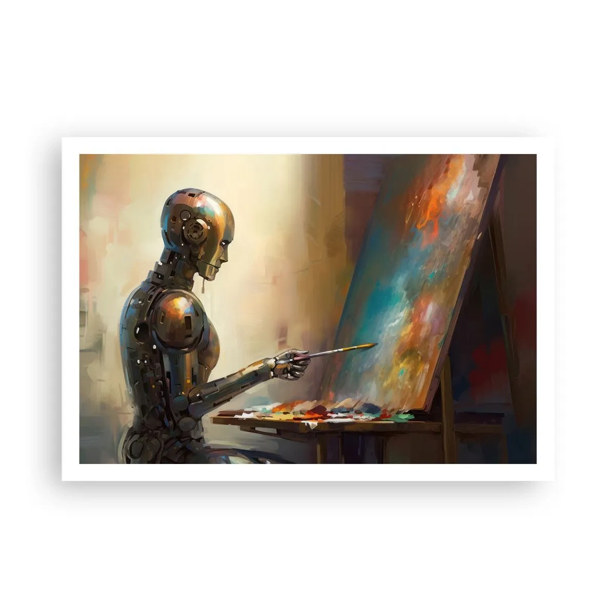 Poster - Ein Roboter, der im künstlerischen Stil auf einer Leinwand malt - 100x70cm - Die Kunst der Zukunft - Moderne Wanddekoration für Wohnzimmer und Schlafzimmer ARTTOR