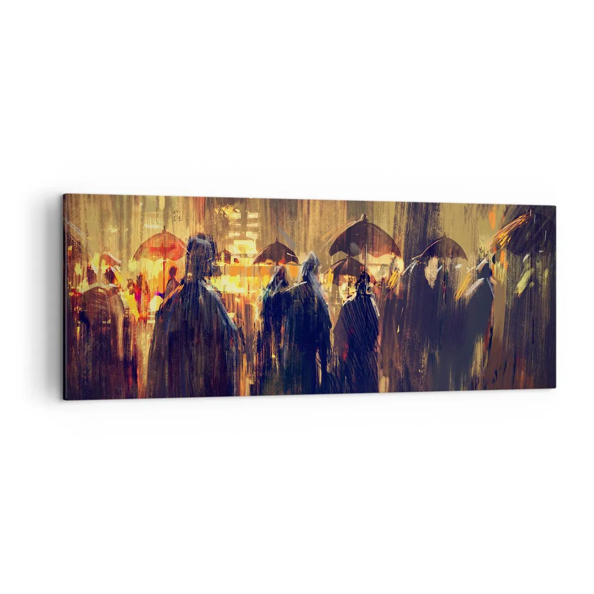 Bild auf Leinwand - Leinwandbild - Figuren mit Regenschirmen in einer verregneten Stadt bei Nacht - 140x50cm - Anhänger des Regens - Moderne Wanddekoration für Wohnzimmer und Schlafzimmer ARTTOR