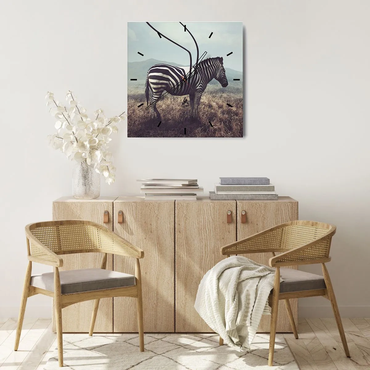 Wanduhr - Glasuhr - Ein surreales Zebra vor einer grasbewachsenen Landschaft - 30x30cm - Achtung! Fehler - Moderne Wanddekoration für Wohnzimmer und Schlafzimmer ARTTOR
