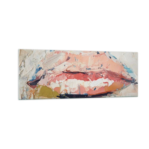 Glasbild - Bild auf glas - Eine abstrakte Komposition, die die Lippen einer Frau in Pastellfarben darstellt. - 140x50cm - Es weckt die Sinne - Moderne Wanddekoration für Wohnzimmer und Schlafzimmer ARTTOR