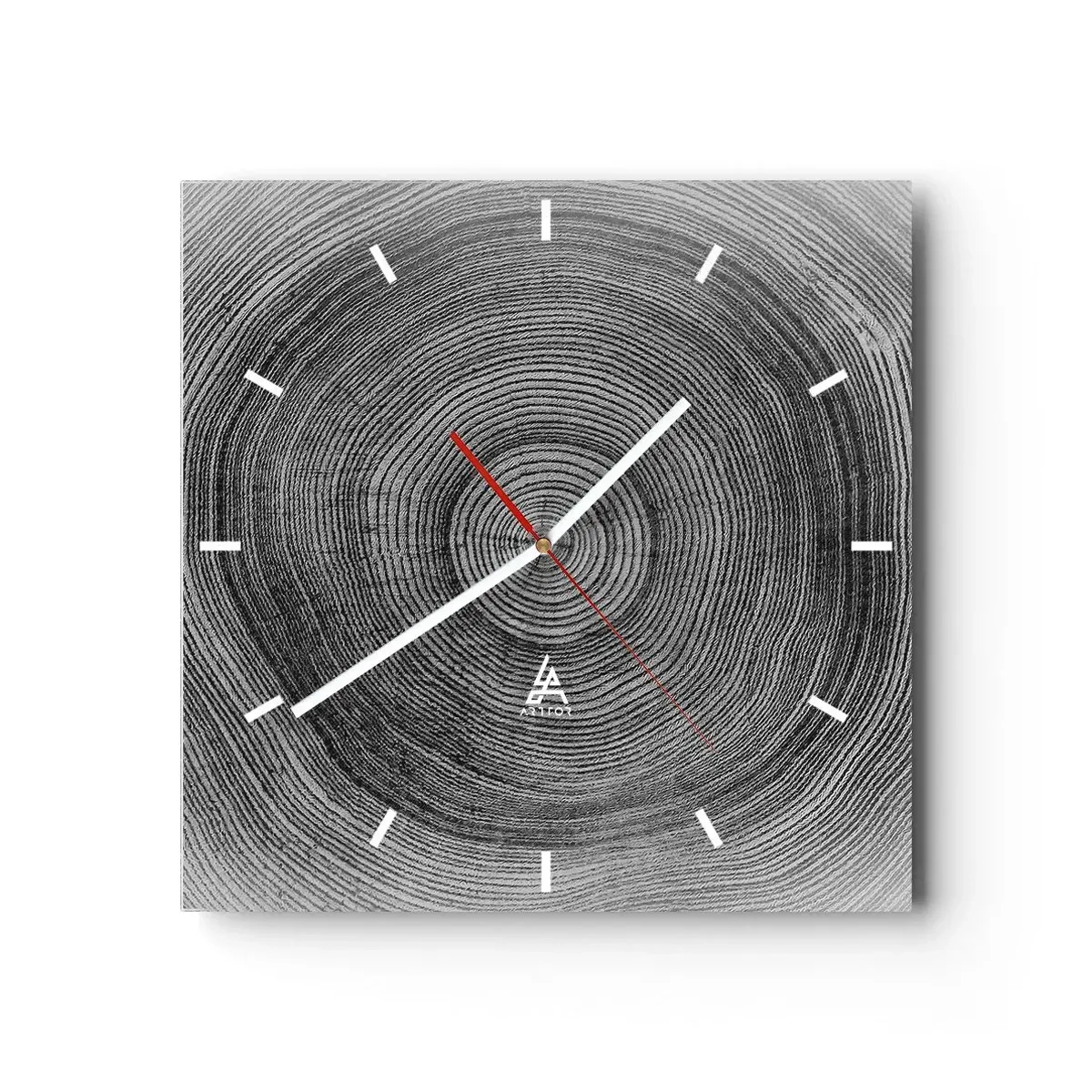 Wanduhr - Glasuhr - Schwarz-weißes Baumringmuster, das einen Querschnitt des Stammes zeigt - 30x30cm - Zeichen der Zeit - Moderne Wanddekoration für Wohnzimmer und Schlafzimmer ARTTOR