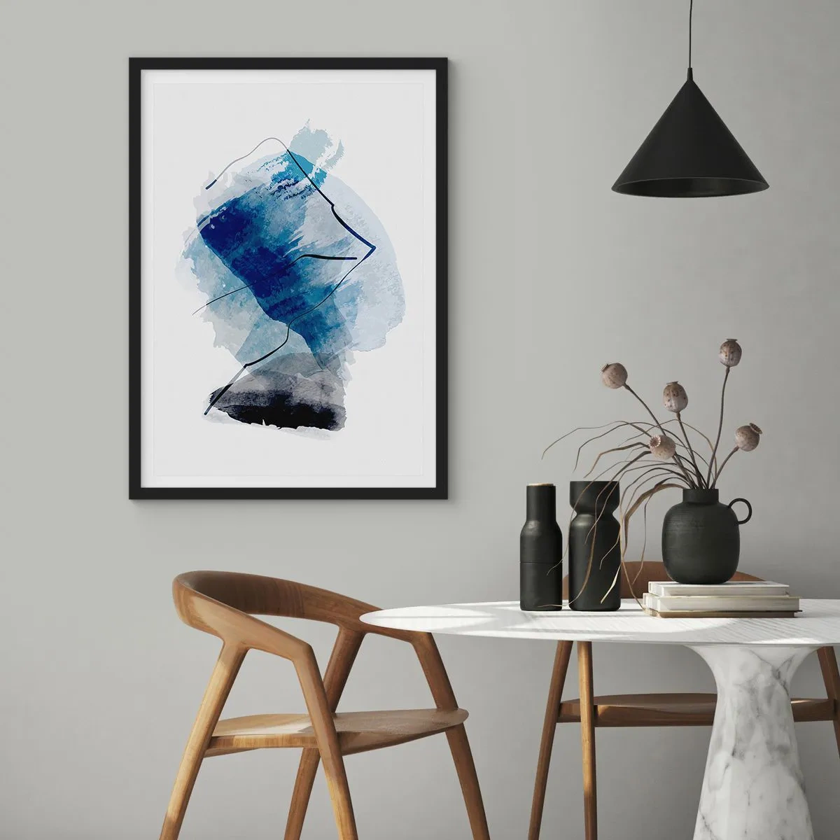 Poster in einem schwarzem Rahmen - Abstraktion in Blautönen mit schwarzen Linien - 50x70cm - Eisberg - Moderne Wanddekoration für Wohnzimmer und Schlafzimmer ARTTOR