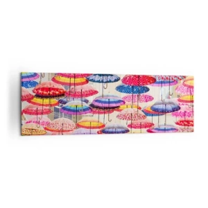 Bild auf Leinwand - Leinwandbild - Bunte Regenschirme schweben in der Luft - 160x50cm - Stadtwiese - Moderne Wanddekoration für Wohnzimmer und Schlafzimmer ARTTOR
