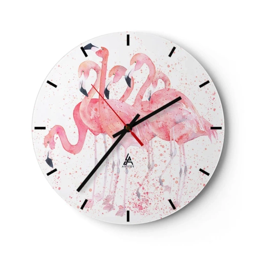 Wanduhr - Glasuhr - Eine Gruppe rosa Flamingos im künstlerischen Aquarellstil. - 30x30cm - Rosa Ensemble - Moderne Wanddekoration für Wohnzimmer, Küche und Schlafzimmer ARTTOR