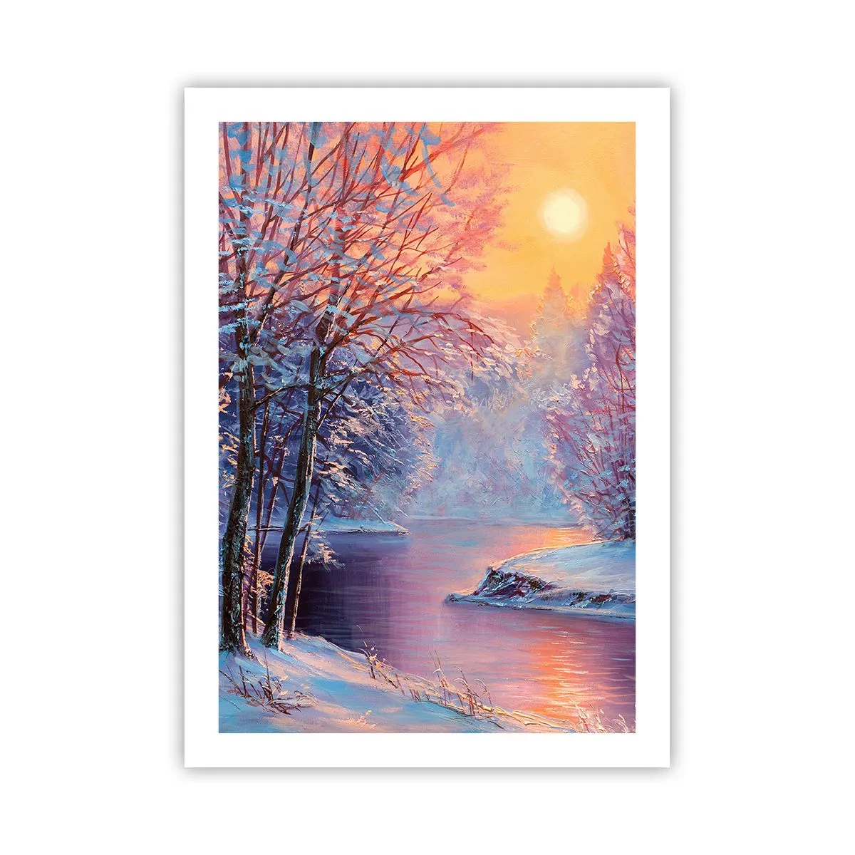 Poster - Winterlandschaft mit einem Fluss im Schein der untergehenden Sonne - 50x70cm - Die Farben des Winters - Moderne Wanddekoration für Wohnzimmer und Schlafzimmer ARTTOR