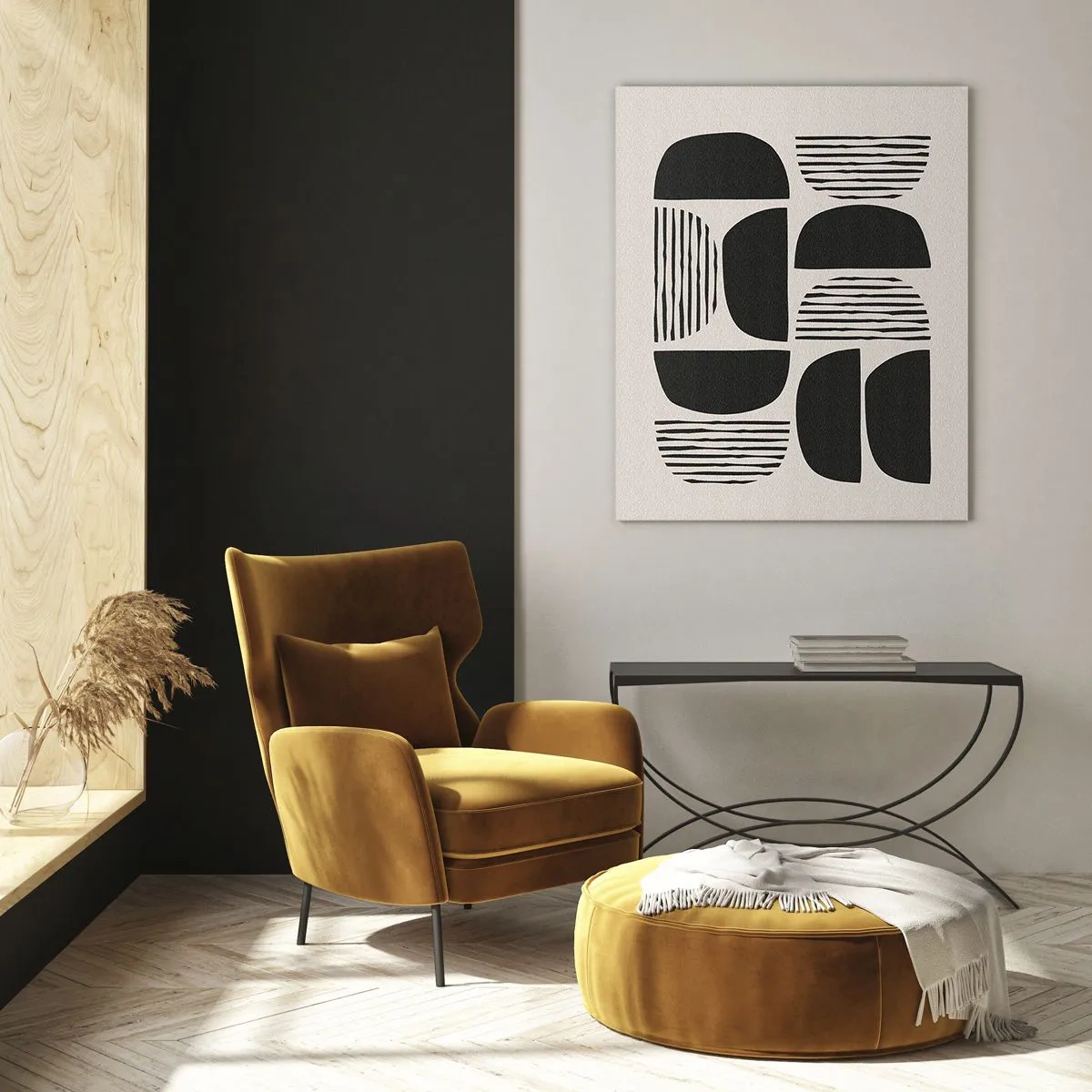 Glasbild - Bild auf glas - Geometrie mit Halbkreisen und Linien in Schwarz auf hellem Hintergrund - 70x100cm - Halbherzige Deals - Moderne Wanddekoration für Wohnzimmer und Schlafzimmer ARTTOR