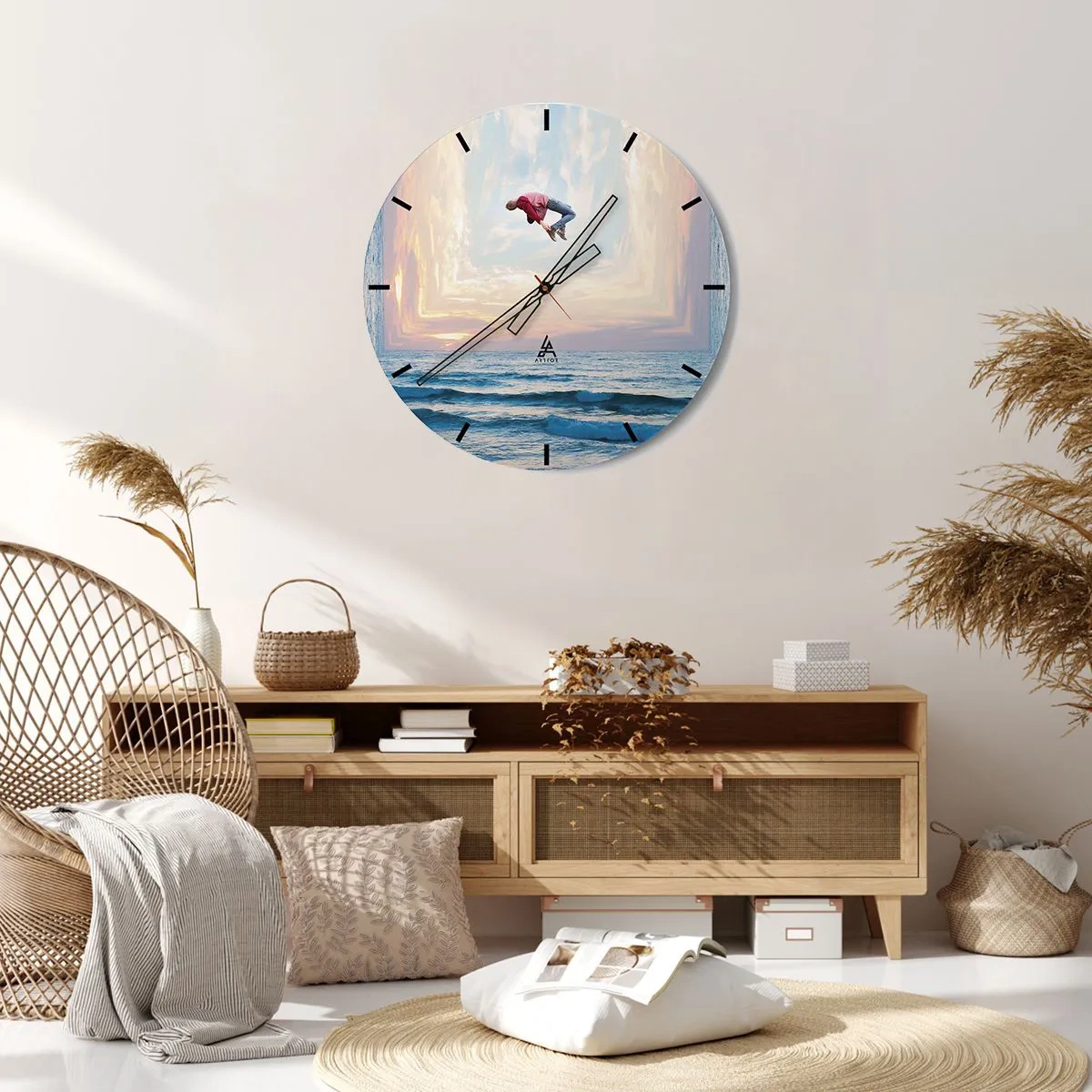 Wanduhr - Glasuhr - Eine springende Figur am Meer in einer surrealen Landschaft - 30x30cm - In eine andere Dimension - Moderne Wanddekoration für Wohnzimmer, Küche und Schlafzimmer ARTTOR