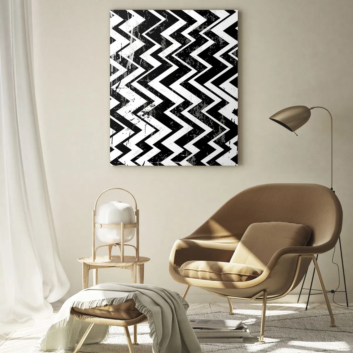 Glasbild - Bild auf glas - Schwarz-weißes Zickzack-Muster mit kunstvollen Abschürfungen - 70x100cm - Zick-weiß, Zack-schwarz - Moderne Wanddekoration für Wohnzimmer und Schlafzimmer ARTTOR