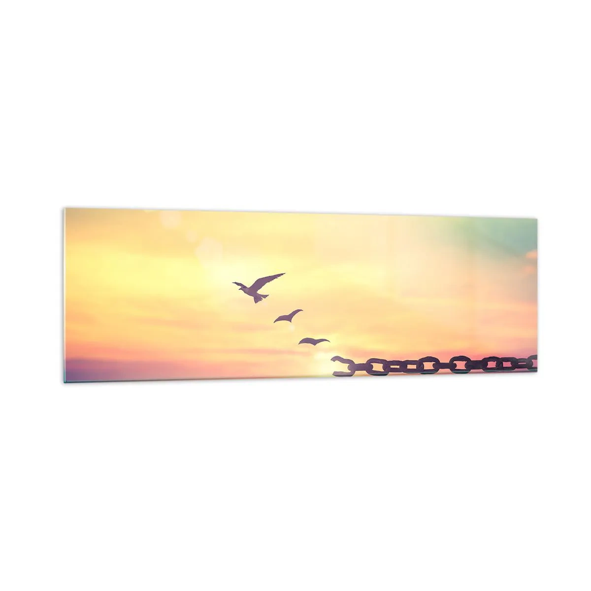 Glasbild - Bild auf glas - Symbol der Freiheit mit Vögeln und einer zerbrochenen Kette - 160x50cm - Der Sieg der Freiheit - Moderne Wanddekoration für Wohnzimmer und Schlafzimmer ARTTOR