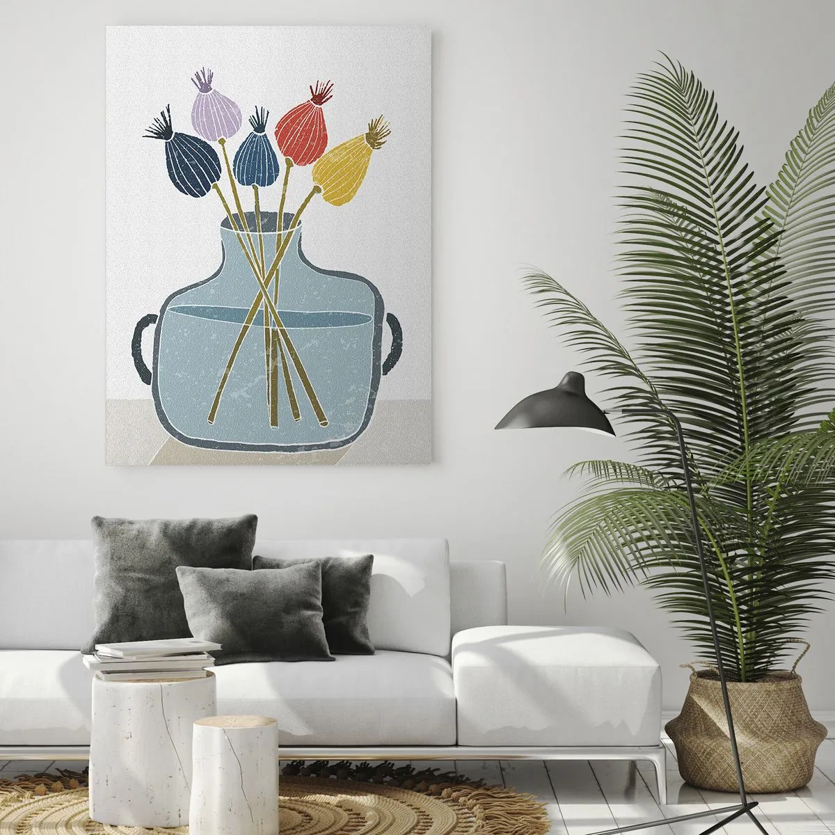 Glasbild - Bild auf glas - Bunte Trockenblumen in einer Vase auf weißem Hintergrund - 80x120cm - Es ist mucksmäuschenstill - Moderne Wanddekoration für Wohnzimmer und Schlafzimmer ARTTOR