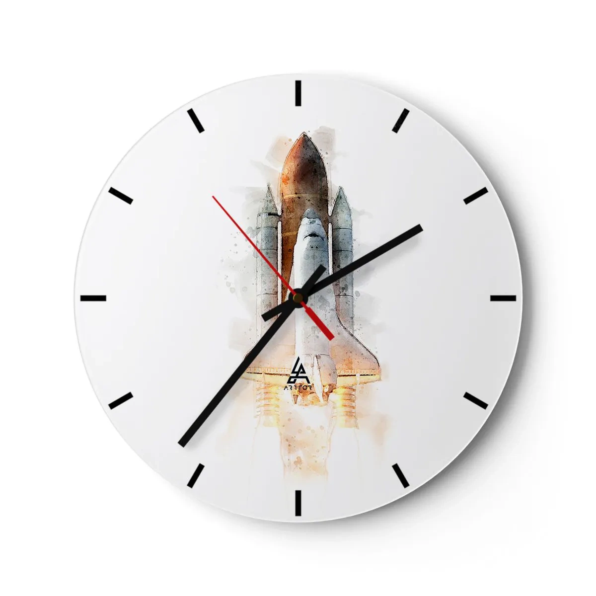 Wanduhr - Glasuhr - Raketenstart im Aquarellstil auf weißem Hintergrund - 30x30cm - Entdecker für den Anfang - Moderne Wanddekoration für Wohnzimmer, Küche und Schlafzimmer ARTTOR