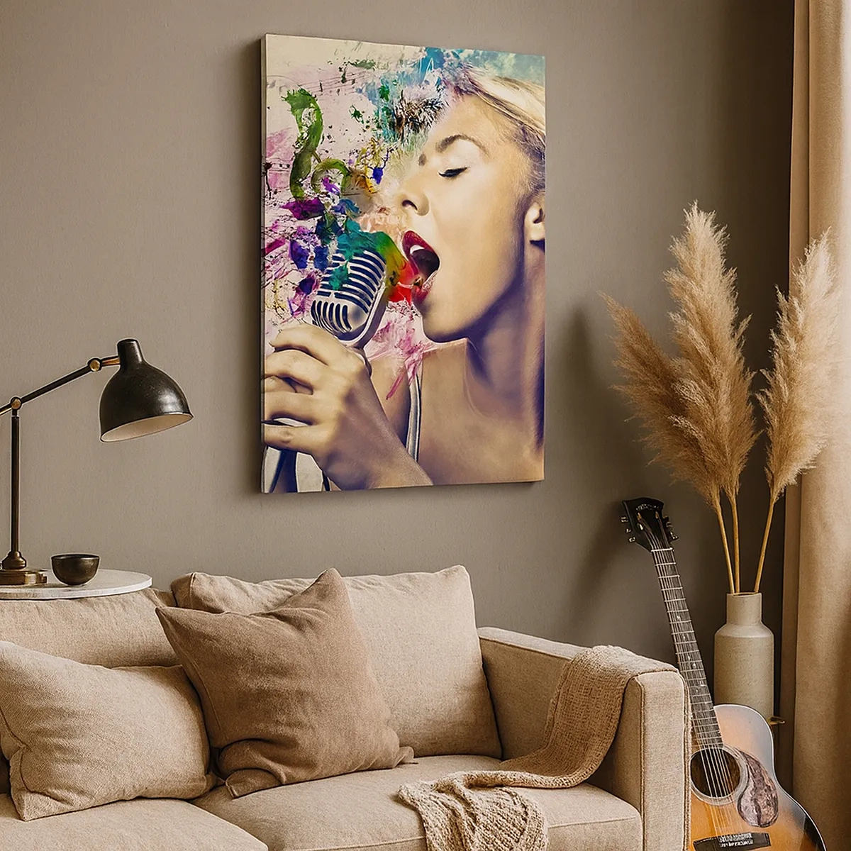 Bild auf Leinwand - Leinwandbild - Künstlerisches Porträt einer singenden Frau mit farbenfrohen Effekten - 50x70cm - Malen Sie die Welt mit Ihrer Stimme - Moderne Wanddekoration für Wohnzimmer und Schlafzimmer ARTTOR