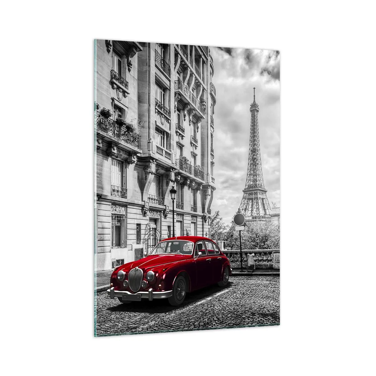 Glasbild - Bild auf glas - Rotes Auto vor dem Eiffelturm im schwarz-weißen Paris - 50x70cm - Raubtier in der Stadt - Moderne Wanddekoration für Wohnzimmer und Schlafzimmer ARTTOR