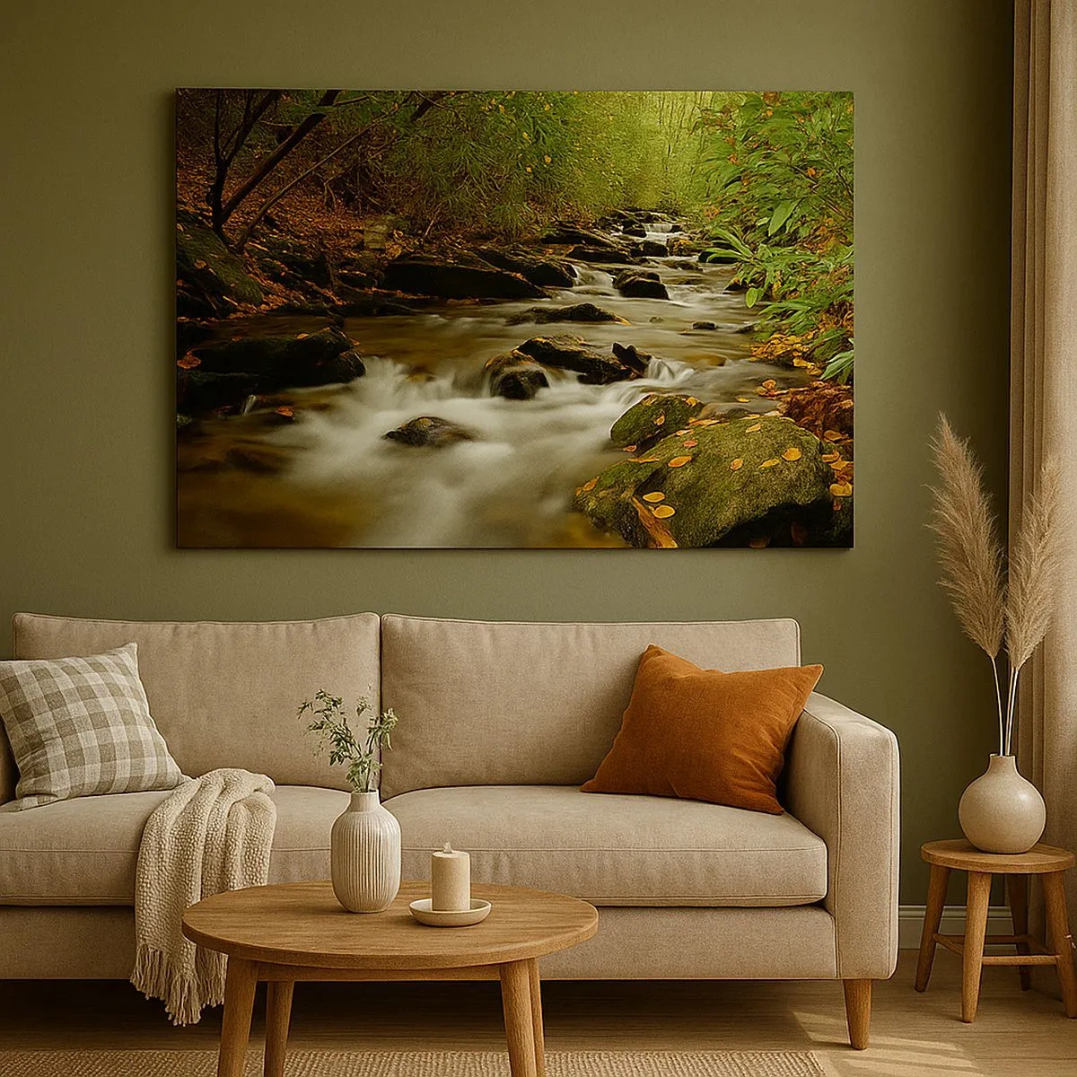 Bild auf Leinwand - Leinwandbild - Ein Waldbach, der zwischen Steinen fließt, umgeben von Grün - 70x50cm - Wie flüssiges Silber - Moderne Wanddekoration für Wohnzimmer und Schlafzimmer ARTTOR