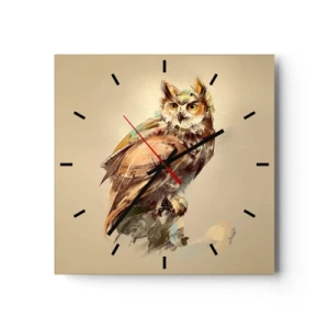 Wanduhr - Glasuhr - Künstlerisches Porträt einer Eule vor hellem Hintergrund in warmen Farbtönen. - 30x30cm - Die klügste Eule - bestätigt den Eichenwald - Moderne Wanddekoration für Wohnzimmer und Schlafzimmer ARTTOR