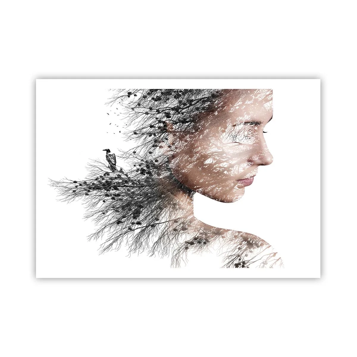 Poster - Silhouette einer Frau mit einem Zweig und Vogelmotiv im Hintergrund - 100x70cm - Der Geist des Waldes - Moderne Wanddekoration für Wohnzimmer und Schlafzimmer ARTTOR